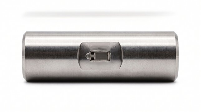 Instrumented load cell shackle pin. Solid heavy stainless steel bearing cylinder with sealed strain gauge pocket. Tension measurement hardware on white background.