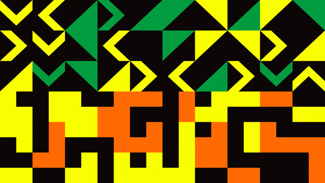 Yellow and green geometric pattern with chevron arrow and triangle shape on black background