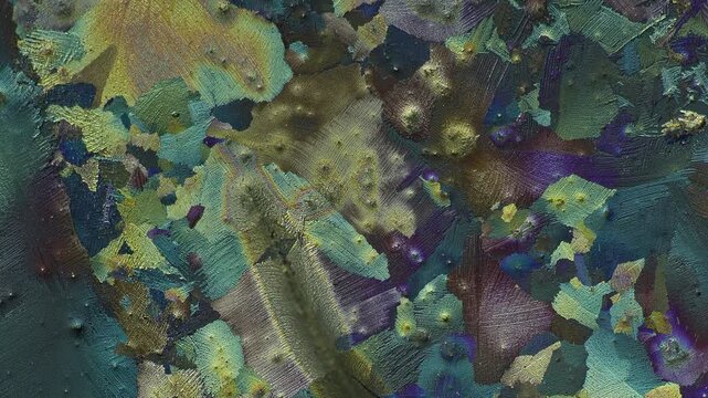 Polarized light microscopy real time footage of collagen peptide birefringence captured with 5x microscope objective lens showing chromatic interference color shifting during polarizer rotation