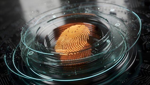 Glowing biometric fingerprint scanner with digital security interface, futuristic identity authentication concept, data privacy and advanced cybersecurity technology visualization