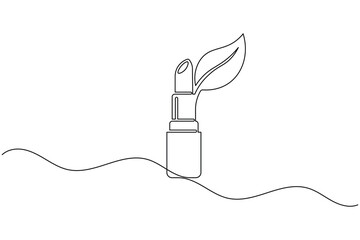 Obraz premium Lipstick with leaf icon continuous one line drawing minimalist organic cosmetic outline vector illustration