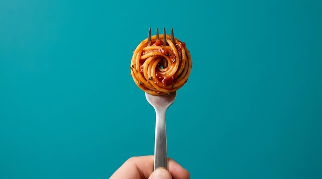 Twirled portion of spaghetti pasta with tomato sauce held on a fork