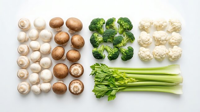 Fresh raw vegetables arranged in neat rows on a white surface with vegetable arr