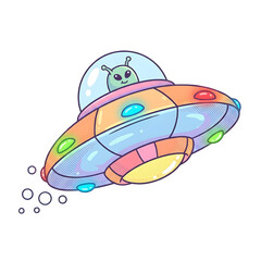 Fototapeta premium Cute UFO Spaceship with Alien Vector Illustration Colorful Cartoon Flying Saucer Space Vehicle Asset Isolated on White Background