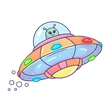 Cute UFO Spaceship with Alien Vector Illustration Colorful Cartoon Flying Saucer Space Vehicle Asset Isolated on White Background