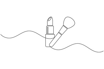 Obraz premium Lipstick and makeup brush continuous line drawing minimalist beauty makeup outline illustration