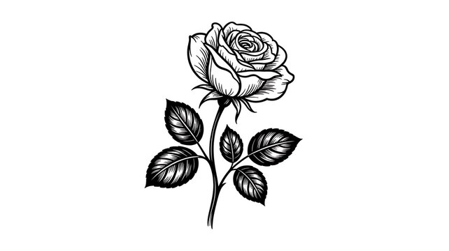 Beautiful single rose flower drawing in black ink style