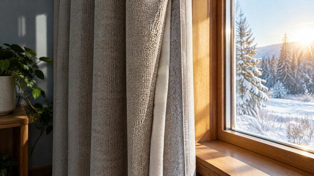 Linen curtains in cozy winter cabin, wooden window frame with snowy mountain view, warm sunrise light over winter landscape, home interior decor