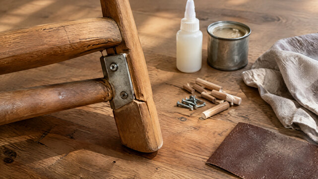 Vintage wooden chair restoration project, broken furniture repair with wood glue and dowels, antique carpentry tools on workbench