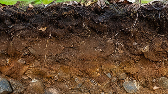 Underground soil layers with plant roots and stones, cross section of fertile earth and brown dirt, geological soil profile for agriculture