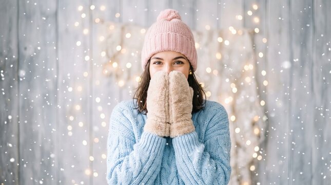 Young woman with hands covering face smiles softly against a shimmering winter background