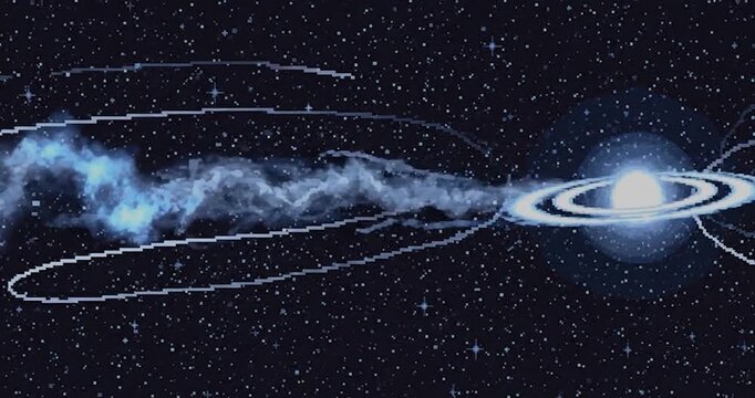 Glowing star and accretion disk in deep space pixel art.