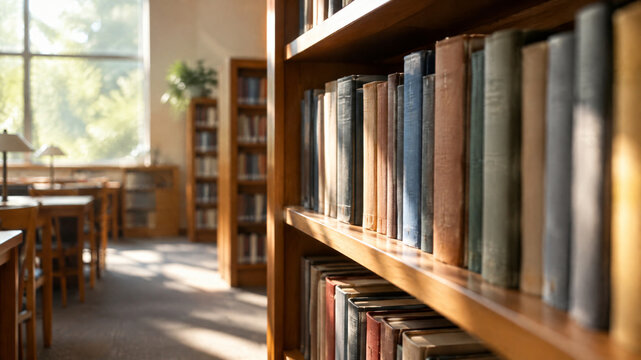 Vintage library bookshelves with old hardback books, classic academic study room with wooden furniture, sunlit university archive interior