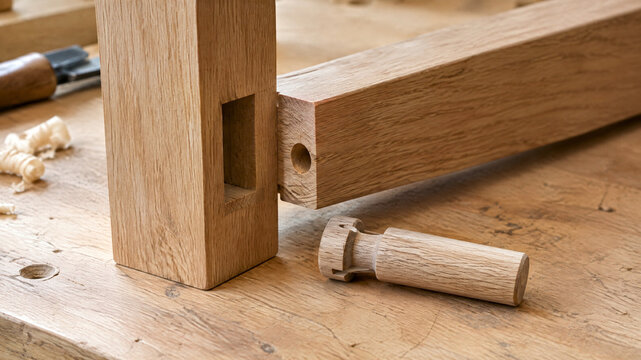 Traditional mortise and tenon wood joint, oak timber furniture construction on workbench, professional woodworking craftsmanship and joinery