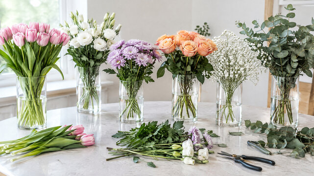 Fresh spring flower bouquets in glass vases on marble table, colorful floral arrangement with tulips and roses, florist workshop still life