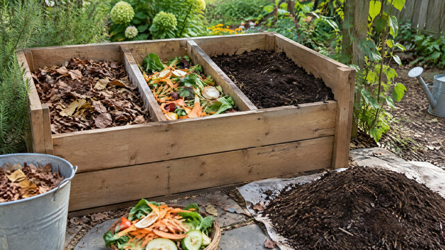 Wooden compost bin with three sections, organic waste decomposition process in garden, sustainable gardening with kitchen scraps and dry leaves
