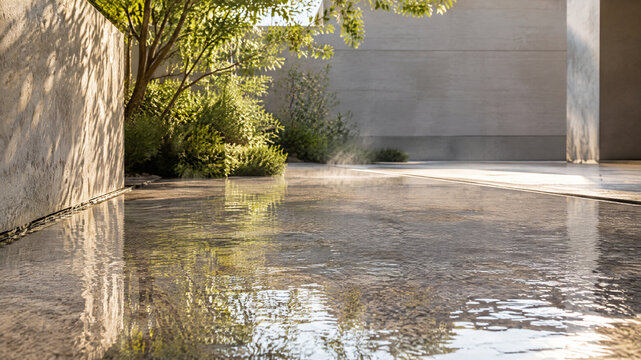 Minimalist modern courtyard with reflective water feature, contemporary concrete architecture with garden greenery, zen outdoor patio space
