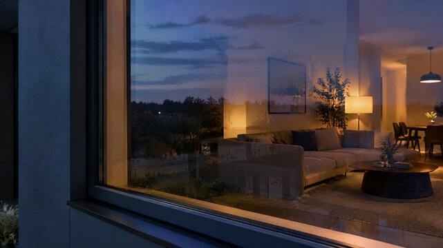 Modern luxury home interior at dusk, cozy living room with warm lighting reflected in glass window, contemporary villa architecture at twilight