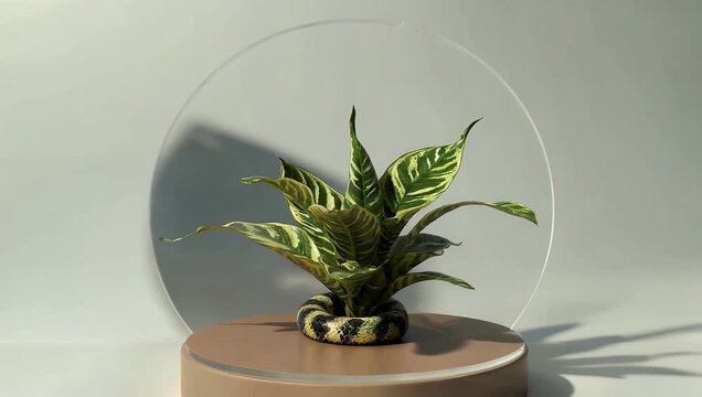 Sophisticated 4K Ultra HD 3D looping scene displaying a potted snake plant beside a translucent glass disc on a smooth beige platform complete with realistic animated shadows for luxury product