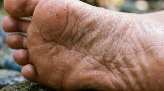 Close up of a dirty human foot sole with visible wrinkles and texture