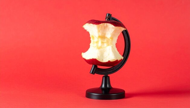 Eaten Apple Core on Globe Stand Global Consumption and Resource Depletion Concept