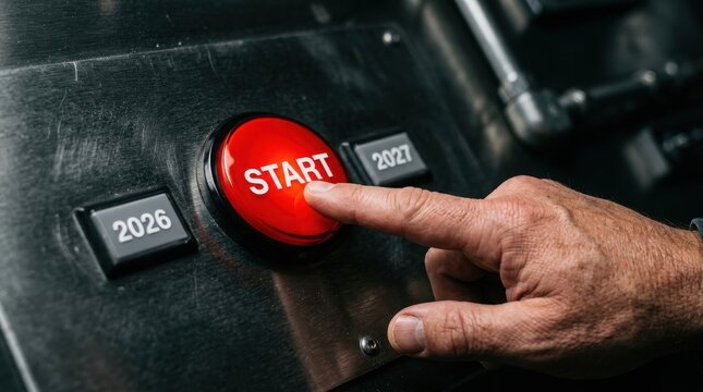 Happy new year finger pressing red start button for 2027 with beginning