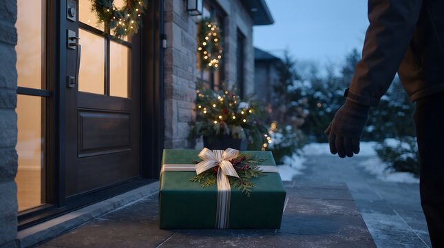 Delivering a festive green gift to a warmly lit home during the winter holidays
