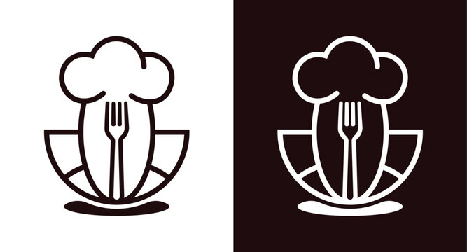 Chef hat logo vector illustration with fork and wine glass design in black and white, food icon design