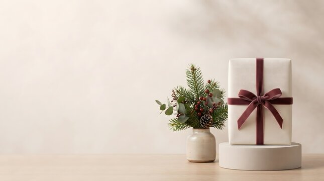 Festive gift with winter foliage and ribbon on a neutral surface with copy space