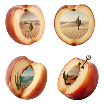 Creative Desert Landscape Inside Halved Peach With Key And Cactus transparent background