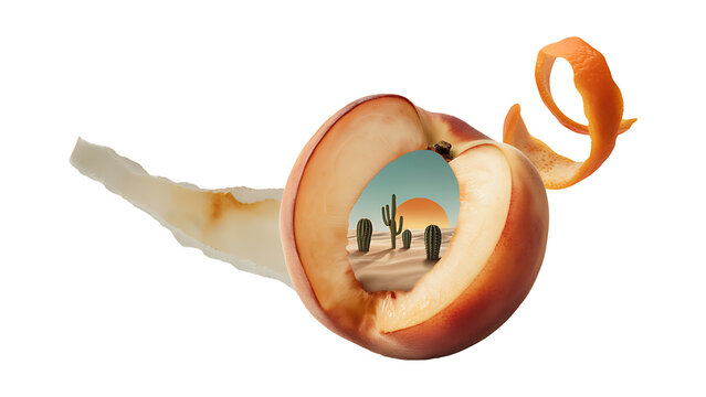 Creative peach slice with desert landscape inside artistic composition transparent background
