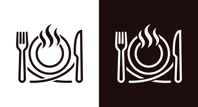 Restaurant logo vector food icon with fork, knife, plate, and steam symbols