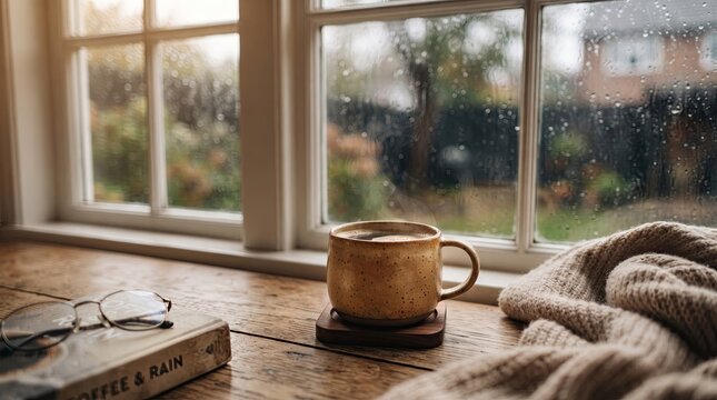 Cozy rainy day scene with coffee, book, and sweater