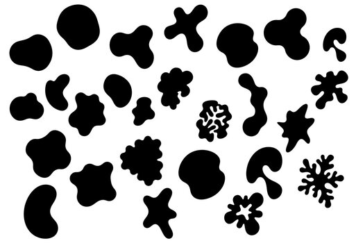 A diverse collection of black organic blob shapes and irregular splatters on a clean PNG. Flat vector illustration