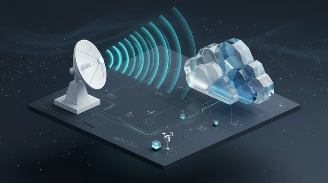 Satellite radar dish sending signal waves to transparent glass clouds on digital platform