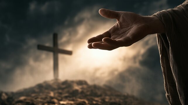 Hand of Jesus offering help with cross on hill in dark sky