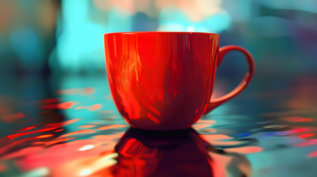 Red cup on reflective surface in indoor setting with blurred colorful background