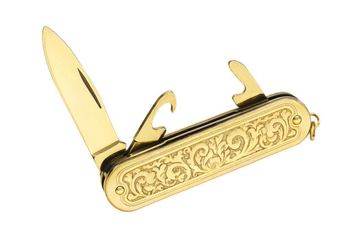 Ornate gold multi-tool pocket knife with open blade and tools isolated