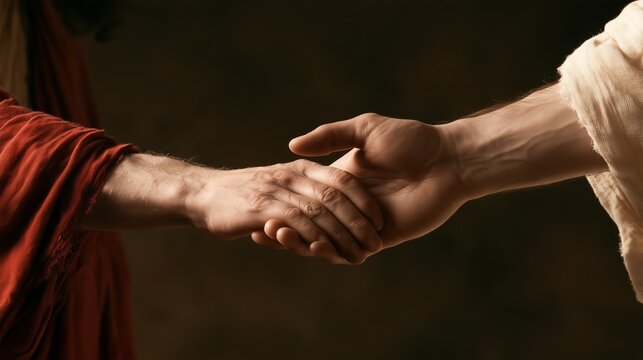 Jesus Christ holds the hand of a sinner to offer forgiveness and hope for salvation