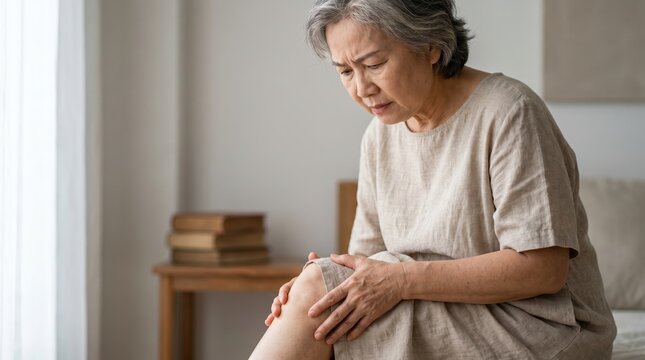 Elderly asian woman suffering from knee pain in bedroom. Senior female touching joint in discomfort. Arthritis and geriatric health concept