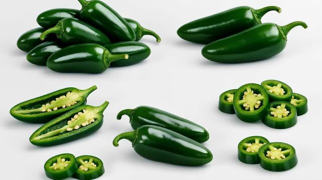 Assorted Fresh Green Chili Peppers, Whole and Sliced on White Background