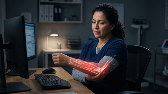A female healthcare professional at a computer desk experiencing elbow and forearm pain illustrated with a red anatomical joint and bone overlay