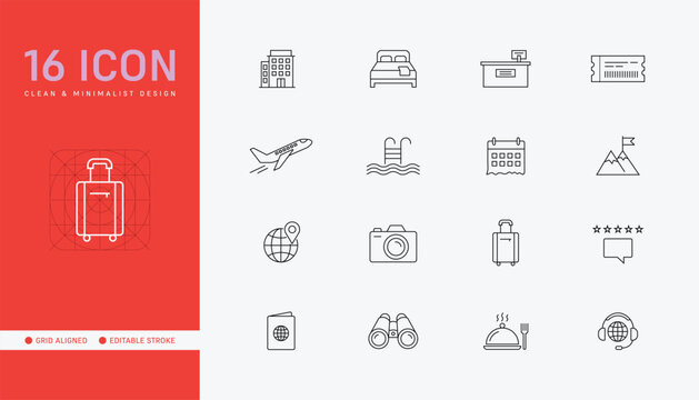 Travel, Tourism and Hotel Line Icon Set - Editable Stroke