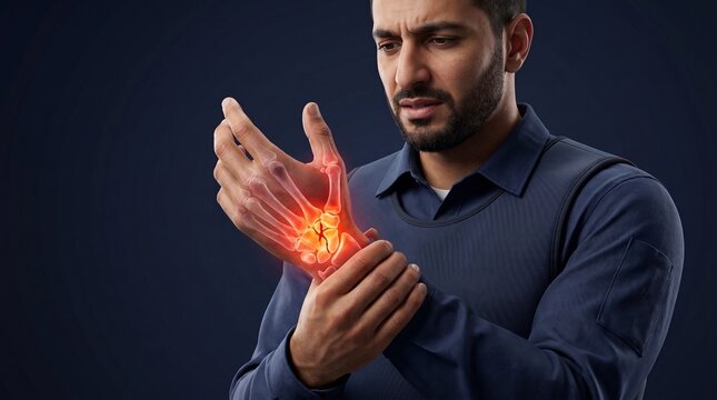 Man suffering from wrist pain with anatomical skeletal overlay showing joint inflammation and injury