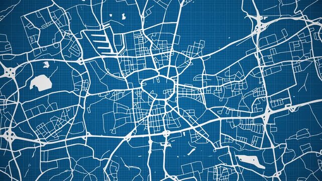 Ink reveal animation of Dortmund (D&uuml;&ouml;rpm) city, state of North Rhine-Westphalia, Germany, grid map. Aerial top view. Blueprint style. White lines with blue background. 4K Seamless loop.