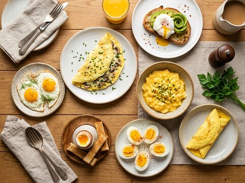 Collection of Cooked Eggs. For breakfast menus, brunch dishes, home cooking, culinary education, recipe development, nutrition content, meal planning, restaurant menus, food packaging, and cooking