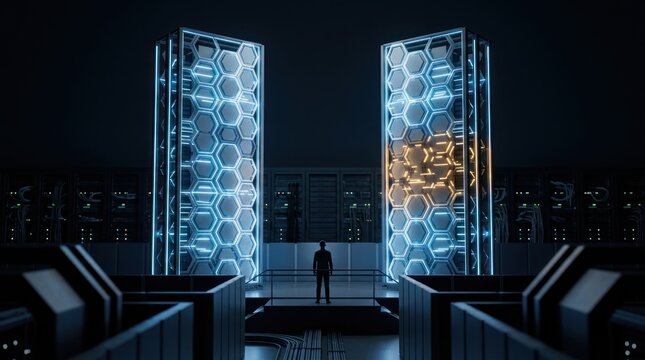 AI model validation comparison with amber exception and human oversight in futuristic data center