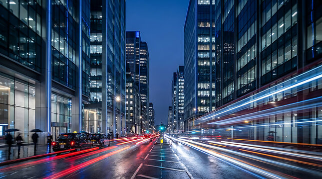 Modern city street with glowing car light trails between tall glass office buildings at night