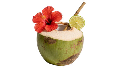 Fresh green coconut drink with red hibiscus flower lime slice and bamboo straw, isolated on transparent background © Marta