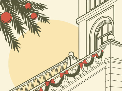 Vintage Christmas Illustration with Decorated Staircase and Pine Branch